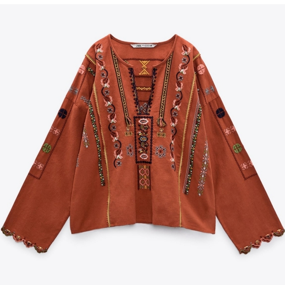 ZARA Boho Beaded/Embroidered Balloon Sleeve Top